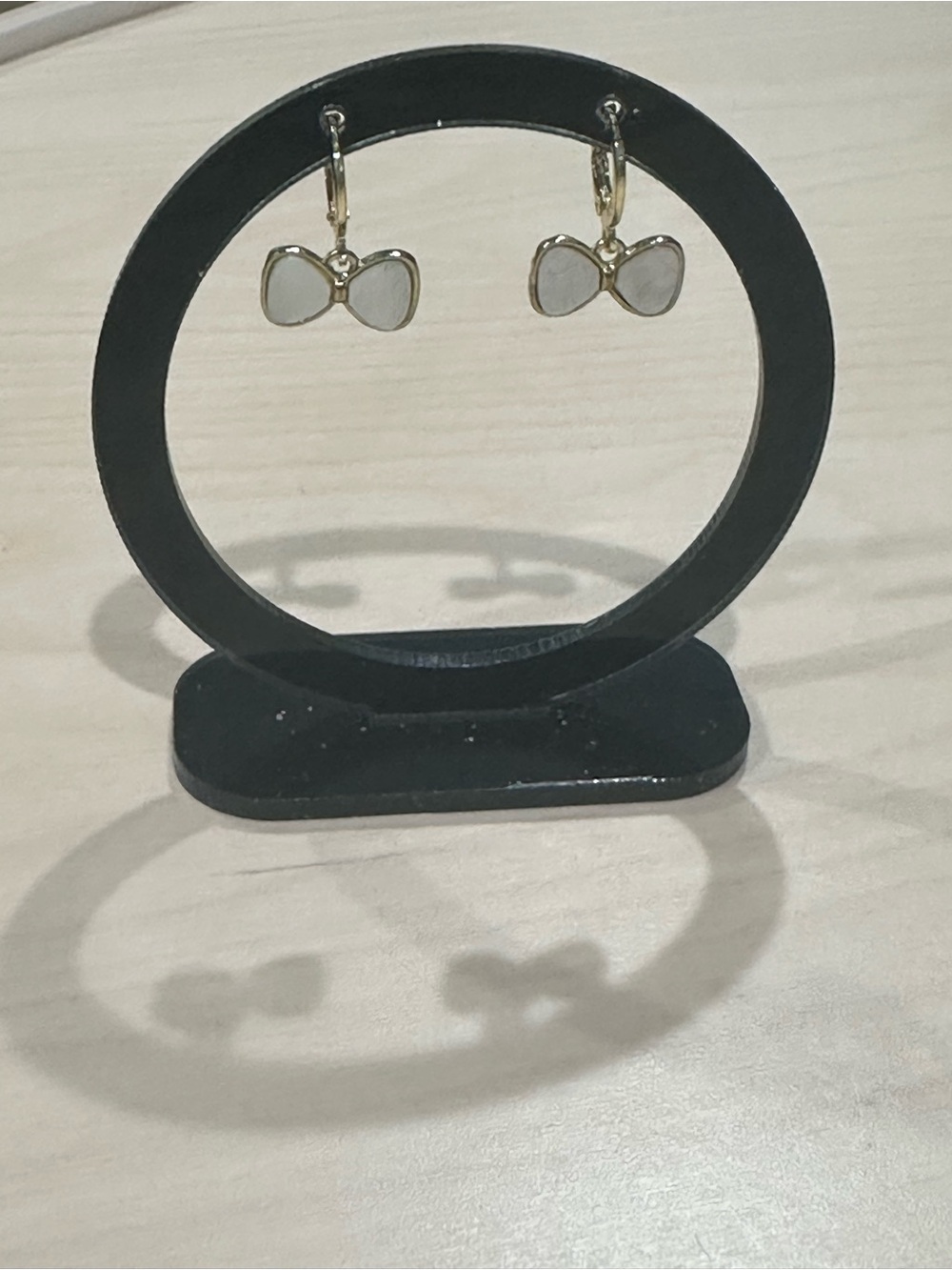 Dainty Gold-Tone Bow Drop Earrings with White Inlay